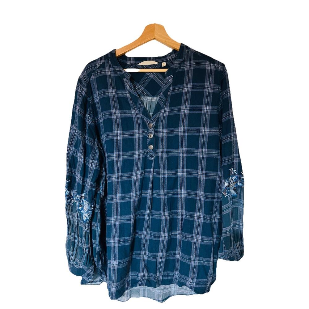 Soft Surroundings XL Paxton Plaid Top Mediterranean Blue Flannel Western